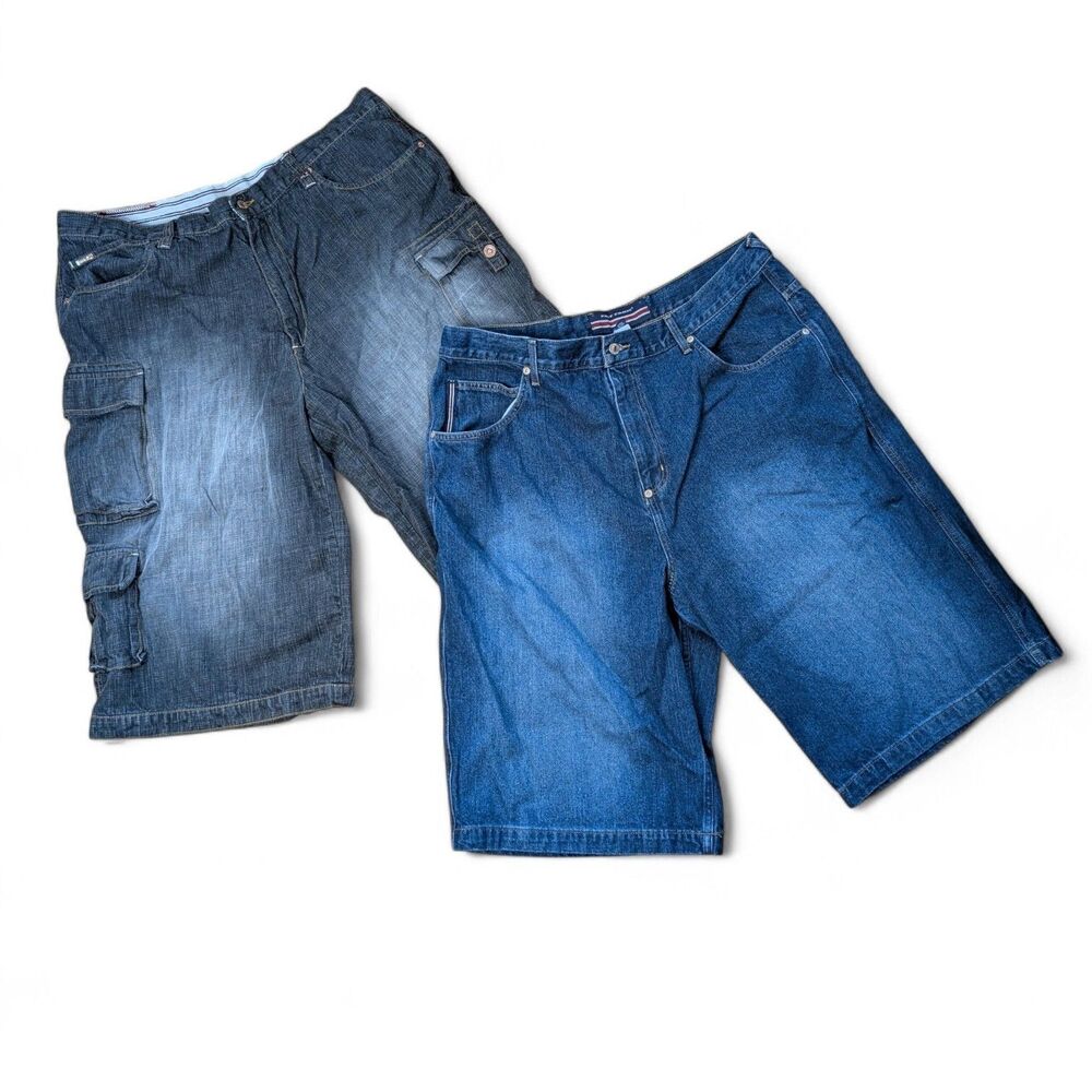 2 pair Phat Farm Denim Shorts Men's 40 Cargo Jeans Y2K Baggy Streetwear LOT EUC
